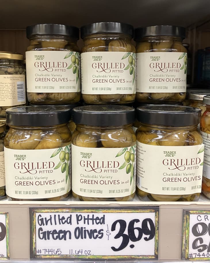 Grilled Pitted Chalkidiki Green Olives at Trader Joe's store