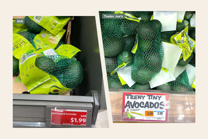 diptych of 2 photos showing avocados in a store, and the price. 1. Aldi, 2. Trader Joe's