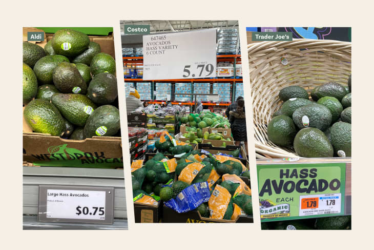triptych of 3 photos showing avocados in a store, and the price. 1. Aldi, 2. Costco, 3. Trader Joe's