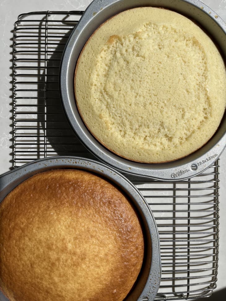 Two cakes in baking pans on cooling rack.
