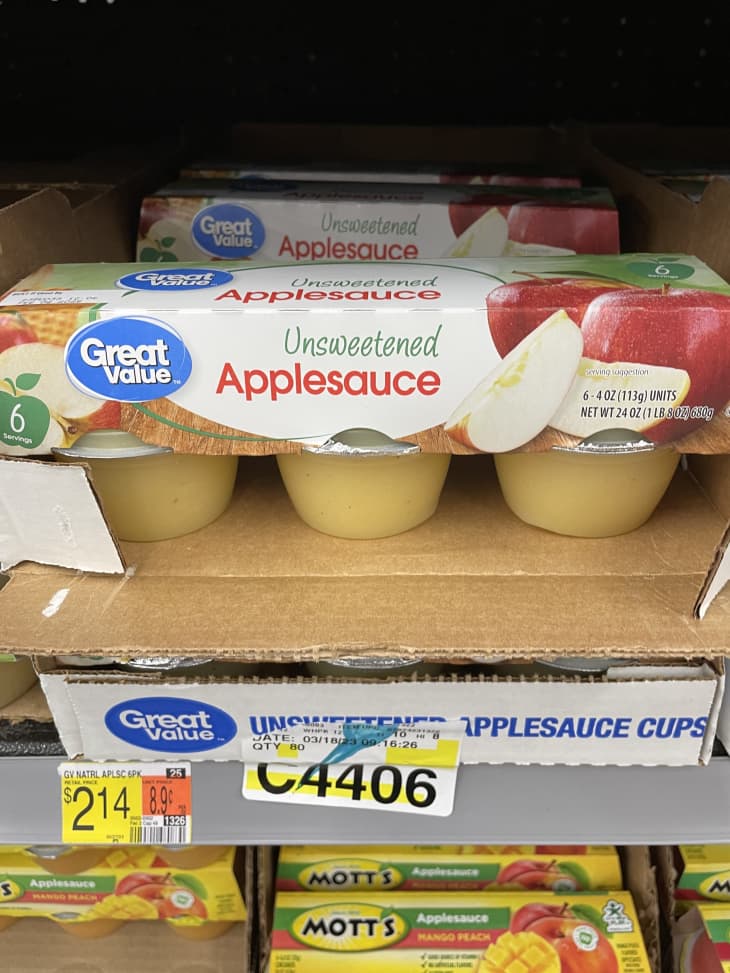 Package of unsweetened applesauce in store shelves.