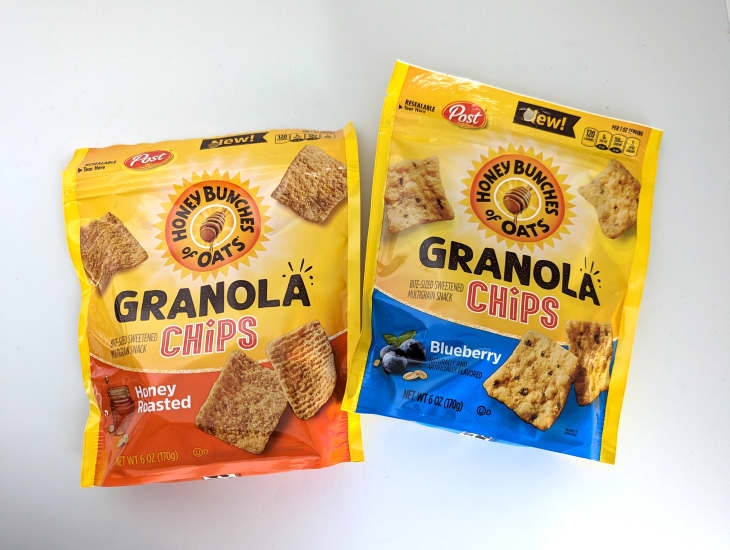 Various flavors of Honey Bunches of Oats Granola Chips on white background.