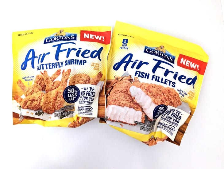 Gortons frozen air fried butterflied shrimp and fish fillets in packages.