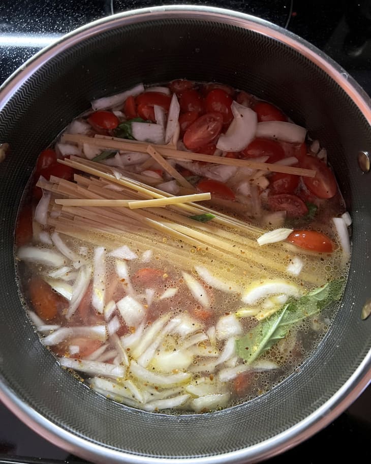 noodles, soup ingredients, in HexClad 5-qt Dutch Oven on stove