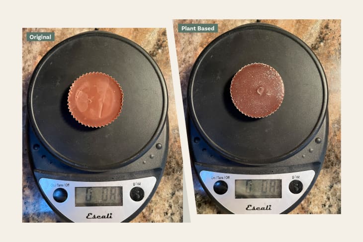 Reeses original peanut butter cup and reeses plant based peanut butter cup each on scale. They both weight the same, .08