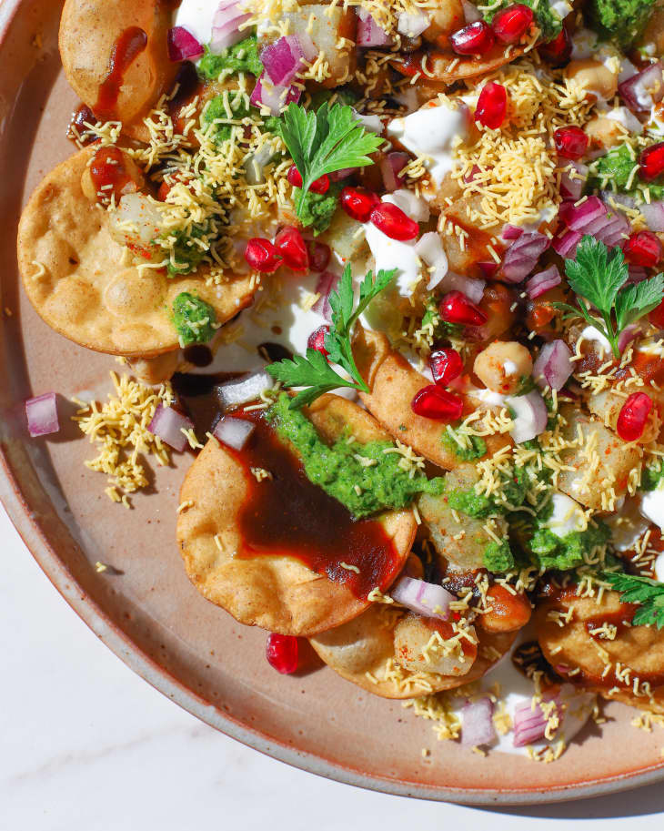 Overhead photo of Papdi Chaat on a ceramic plate in natural light