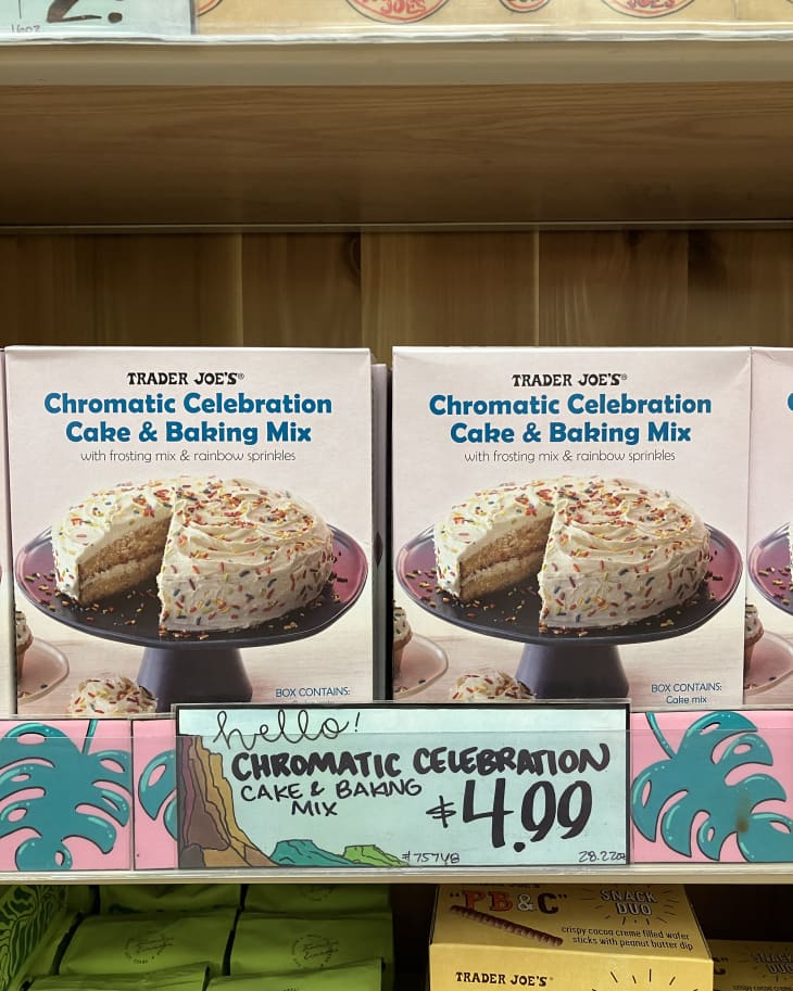 Chromatic Celebration Cake &amp; Baking Mix on shelf at Trader Joe's