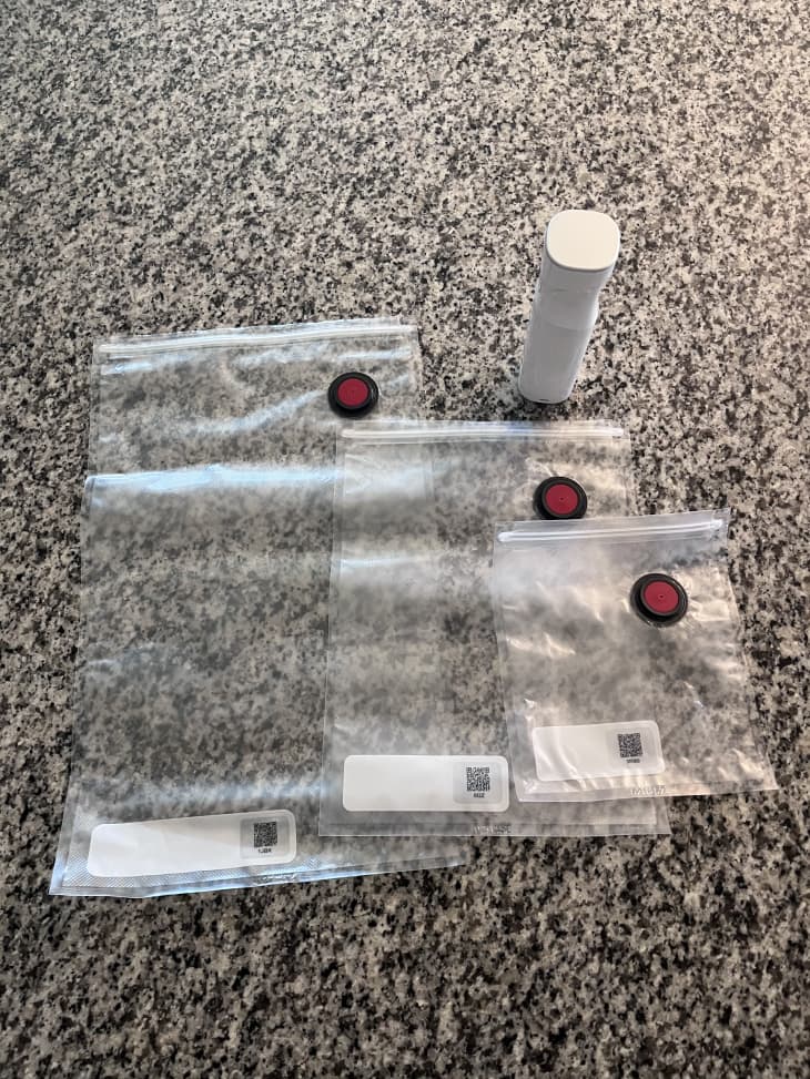 Zwilling plastic storage bags on surface with suction device nearby.