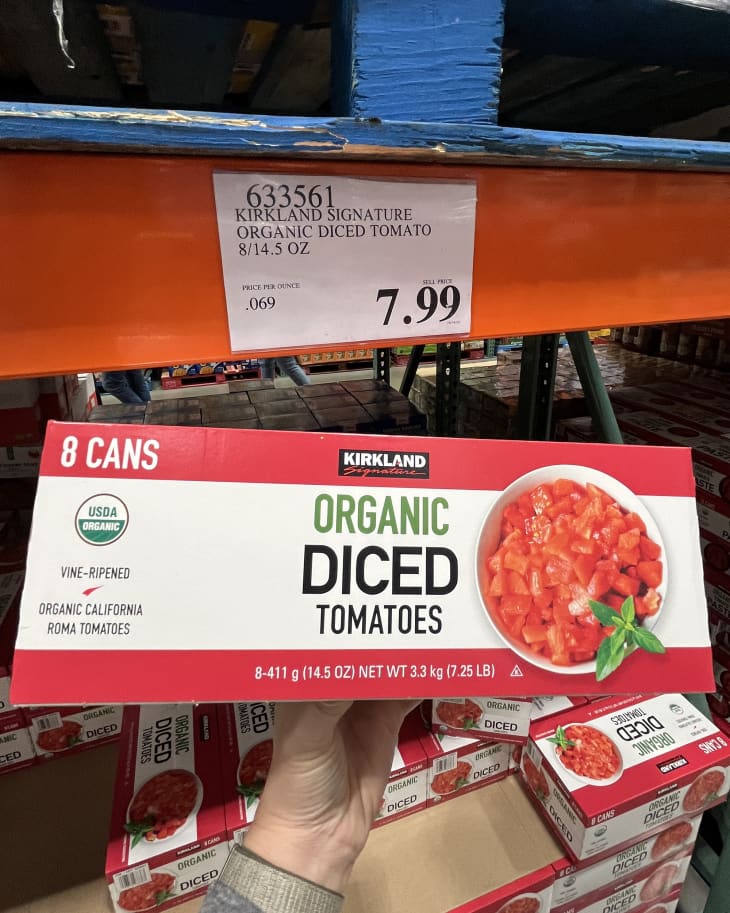 Kirkland Signature Organic Diced Tomatoes on shelf at Costco