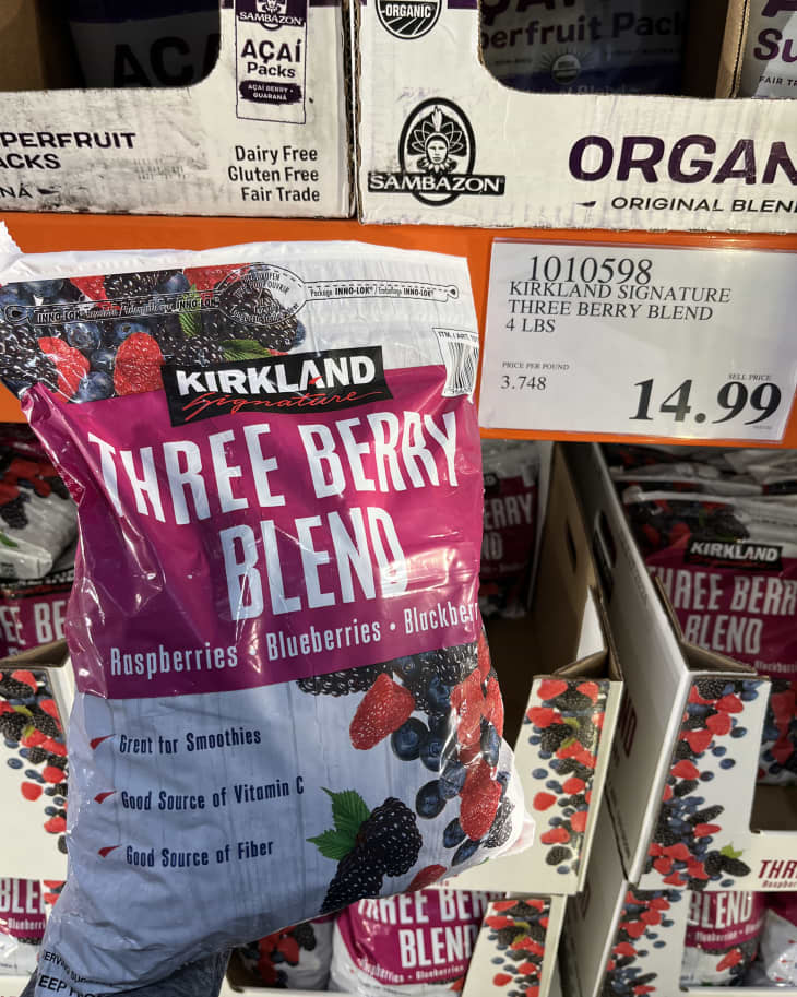 Kirkland Signature Frozen Three Berry Blend on shelf at Costco