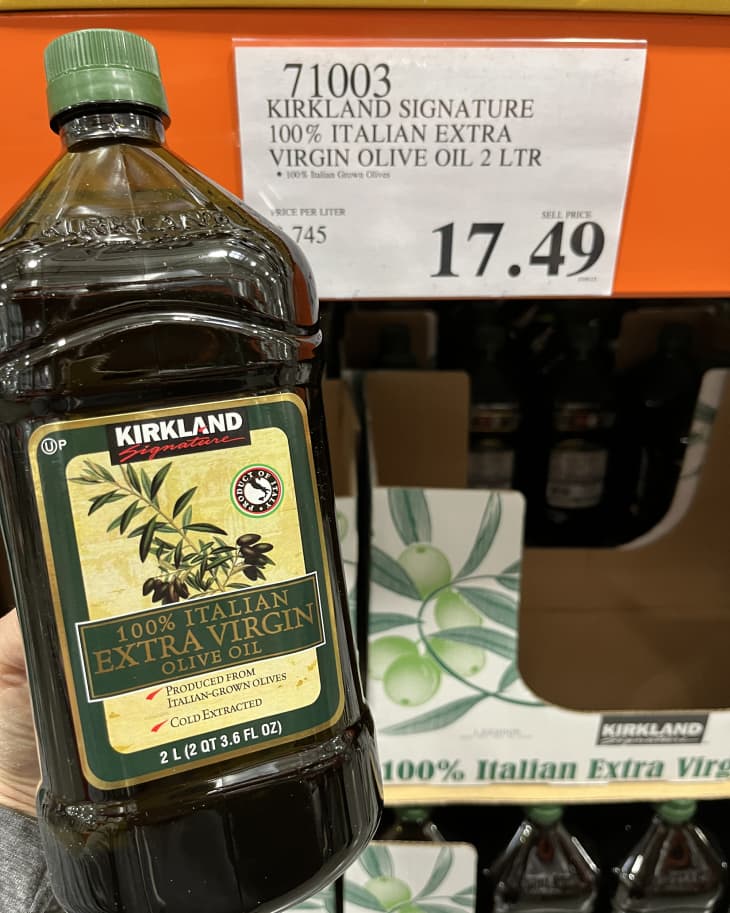 Kirkland Signature 100% Italian Extra Virgin Olive Oil on shelf at Costco