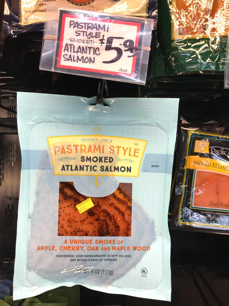 Package of Trader Joe's pastrami style smoked Atlantic Salmon in store.