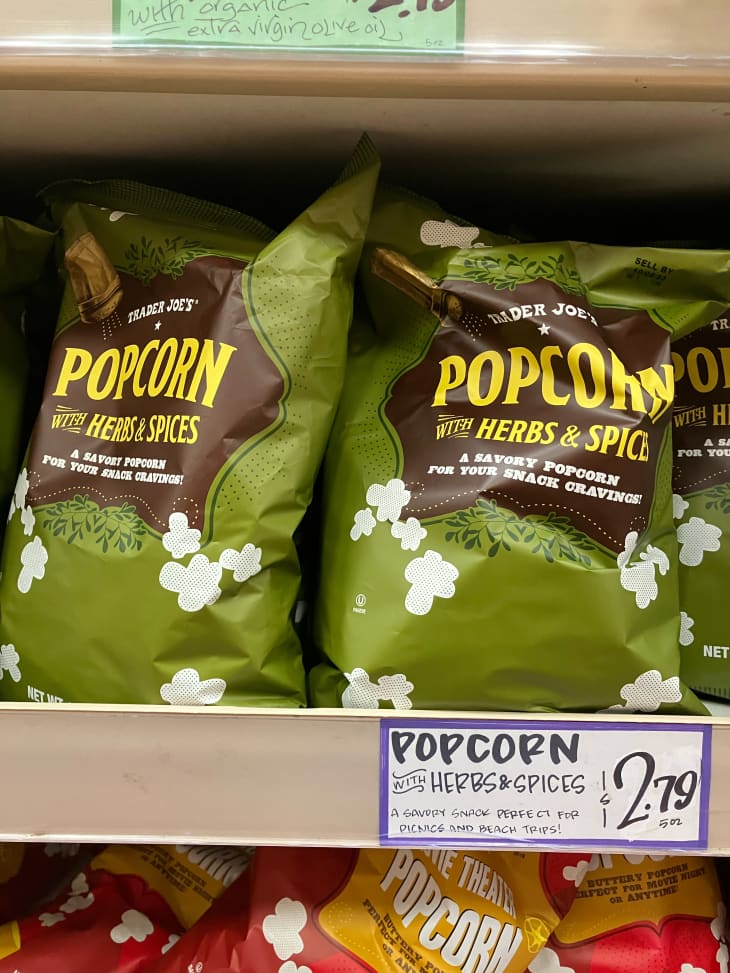 Trader Joe's herbs and spice popcorn in package.