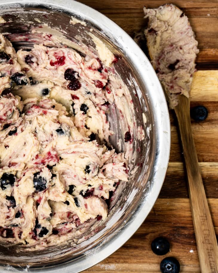 Blueberry muffin cookie dough in mixing bowl.