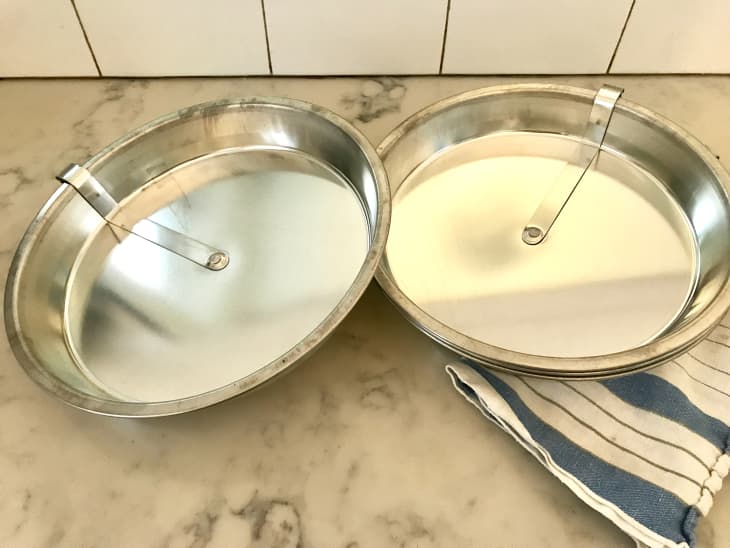 Two easy release cake pans on kitchen counter.