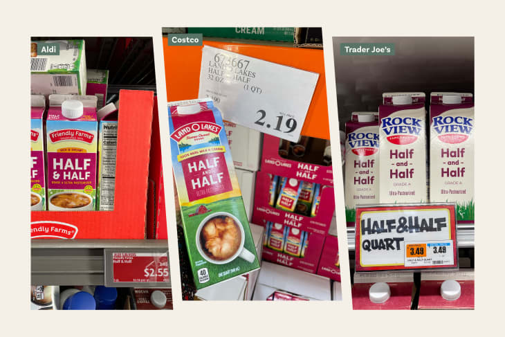 3 photos showing price comparisons of half &amp; half in-store at Aldi, Costco, and Trader Joe's
