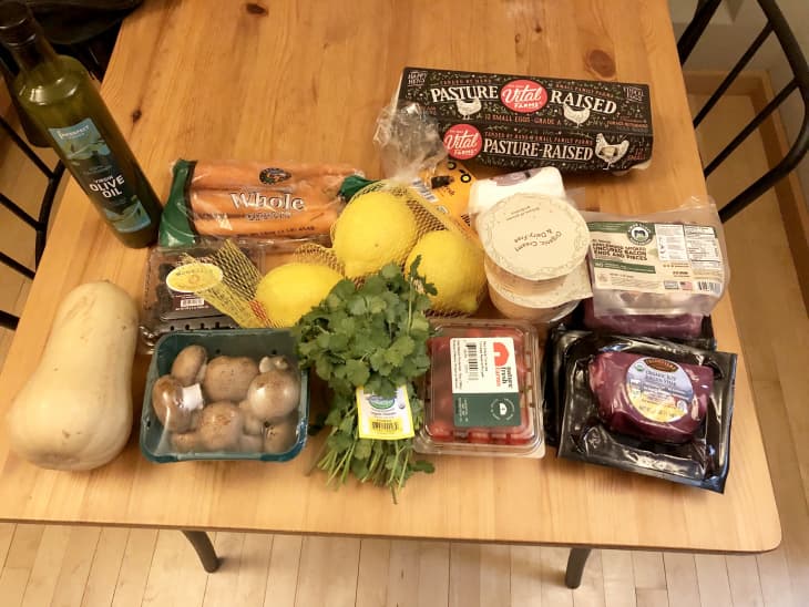 grocery haul from Imperfect Foods on wood table