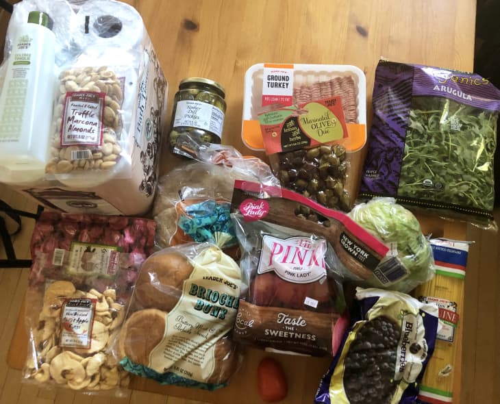 grocery haul from trader joe's on wood table