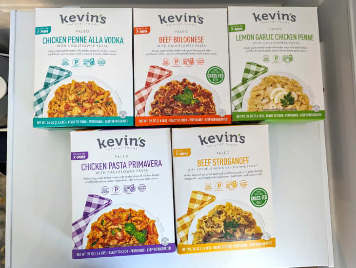 Various packages of Kevin's pre-made pasta meals.