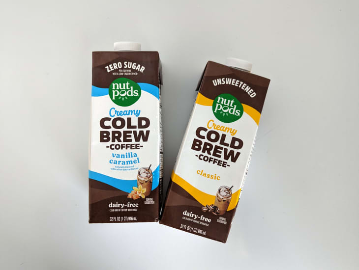 Two cartons of Nut Pods cold brew coffee on white surface.