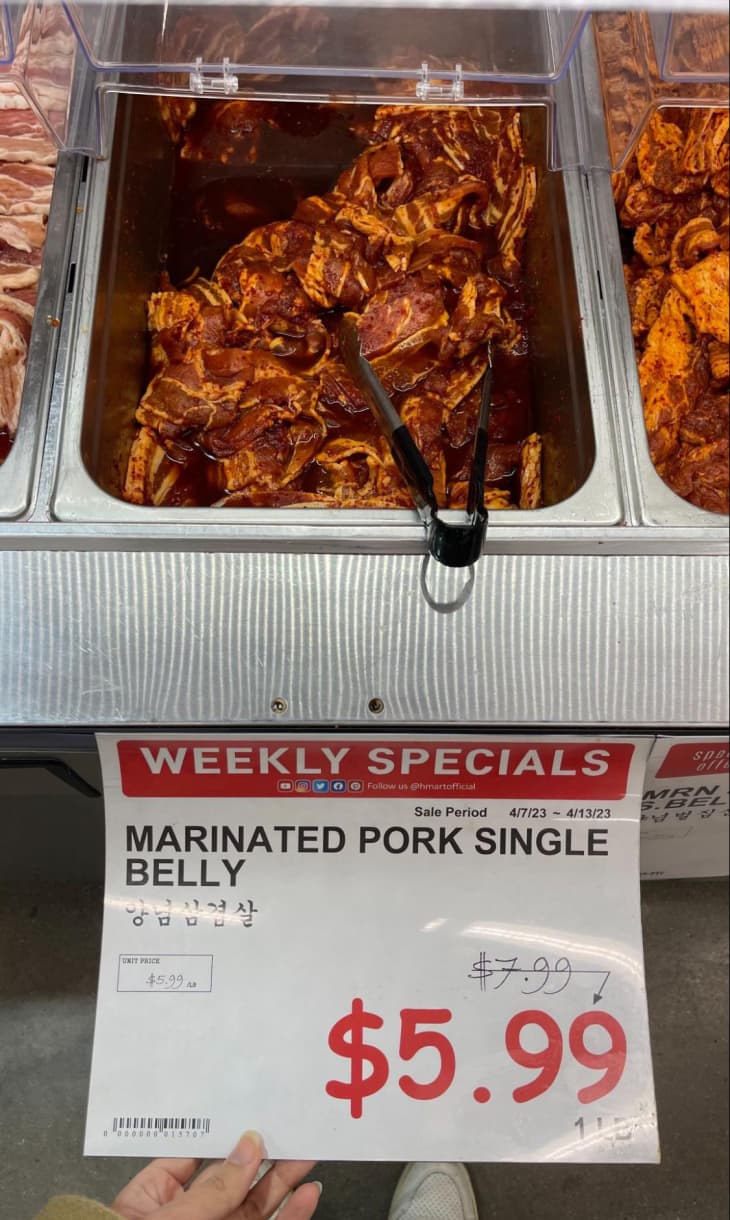 Marinated Pork Single Belly on shelf in H Mart store
