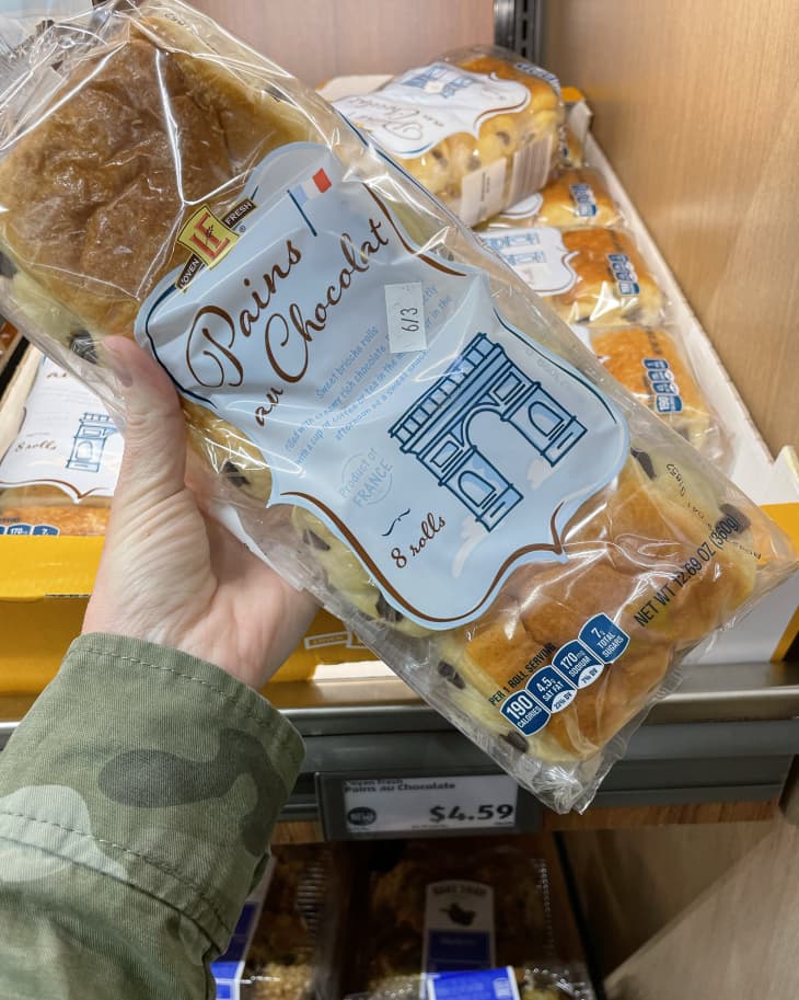 Bag of Pains au chocolat being held up in Aldi store