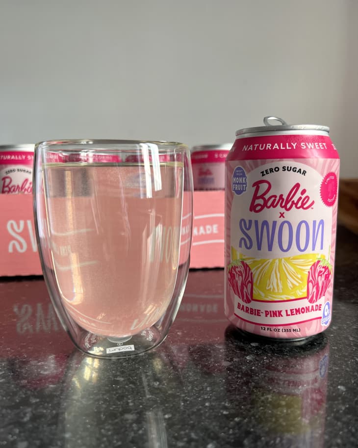 Can of Swoon Barbie collab Pink Lemonade with some poured into a glass