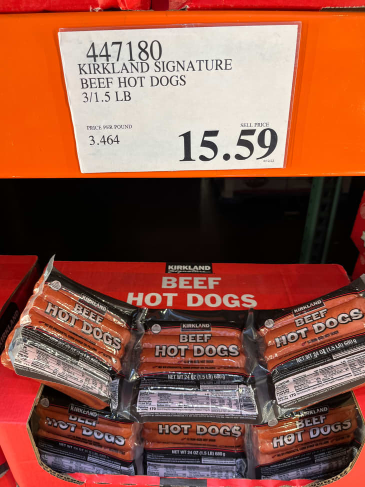 Kirkland beef hot dogs in package at Costco.