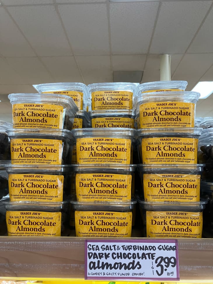 Trader Joe's dark chocolate almonds on display in store.