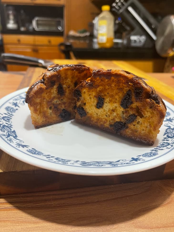 Toasted Costco muffins sliced in half and plated.