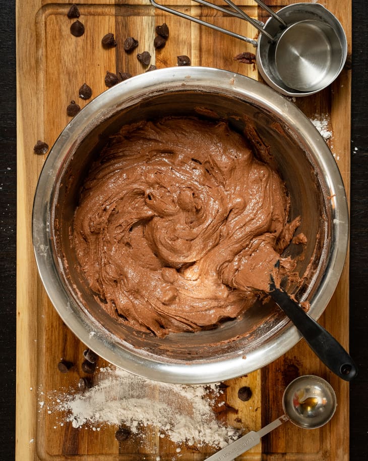 Chocolate dough mix in a bowl for Joanna Gaines's brownie cookies recipes.