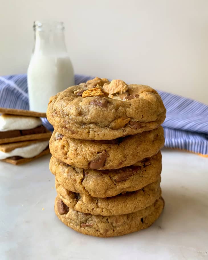 Stack of fresh baked s'mores cookies.