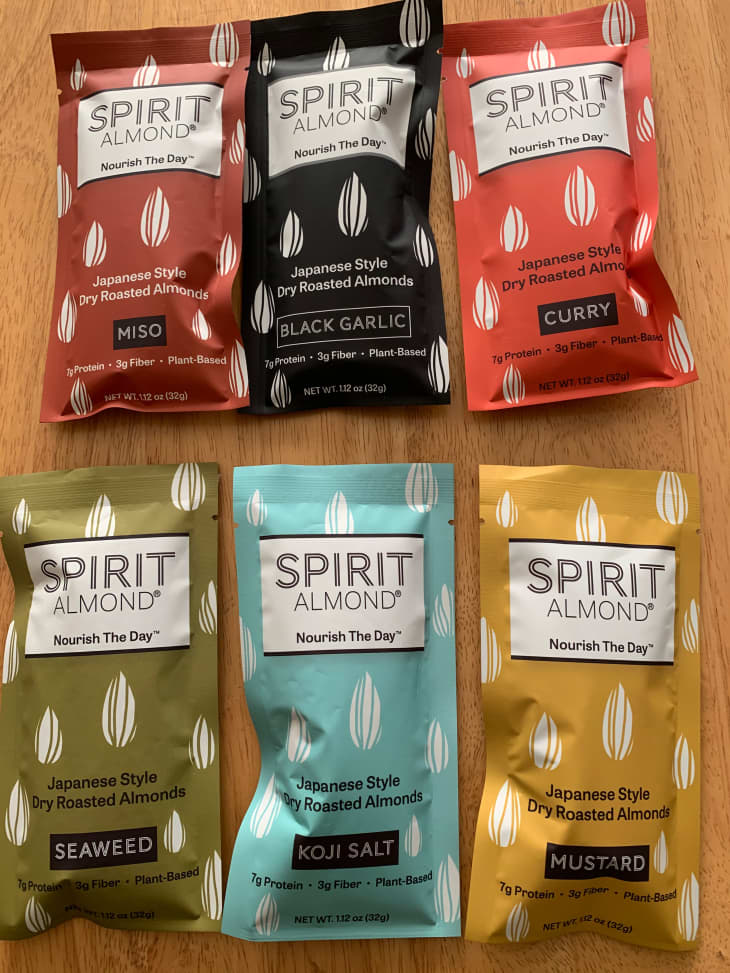 Various flavor packets of Spirit almonds.