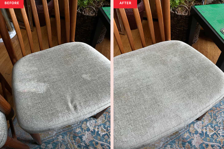 Dining chairs before and after using Tik Tok cleaning hack.