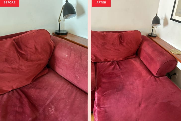 Microfiber sofa before and after cleaning using Tik Tok cleaning hack.