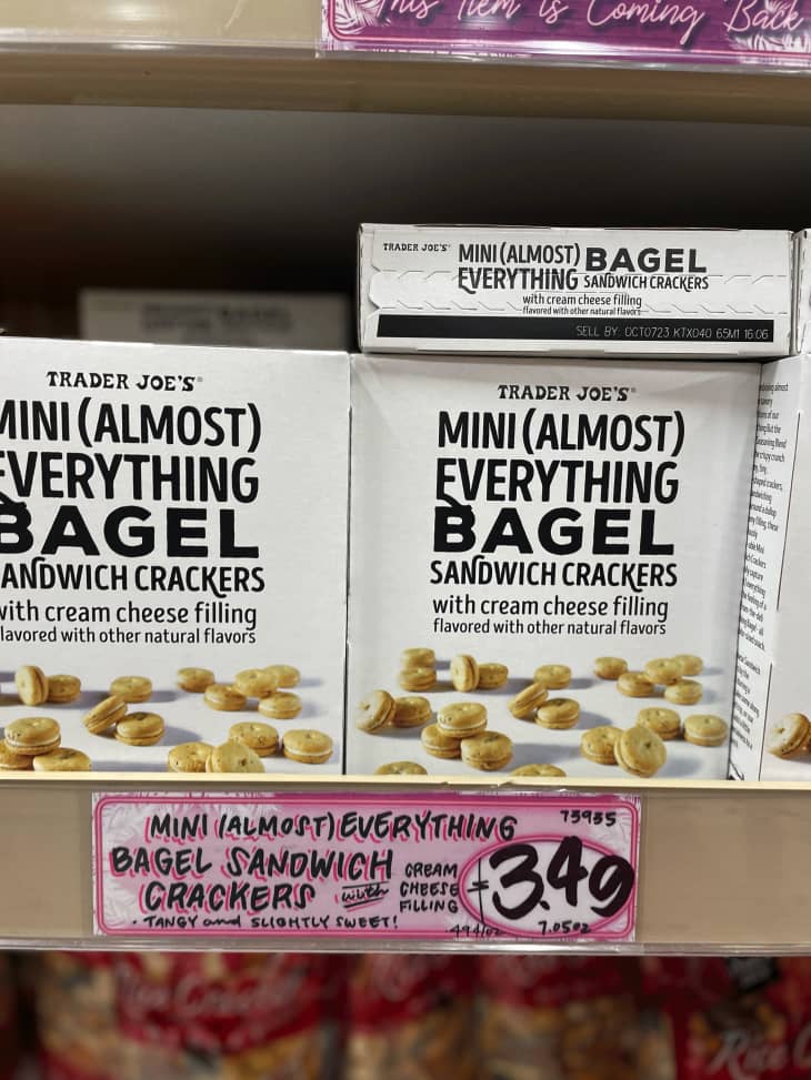 Trader Joe's mini almost everything bagel sandwich crackers in box at store.