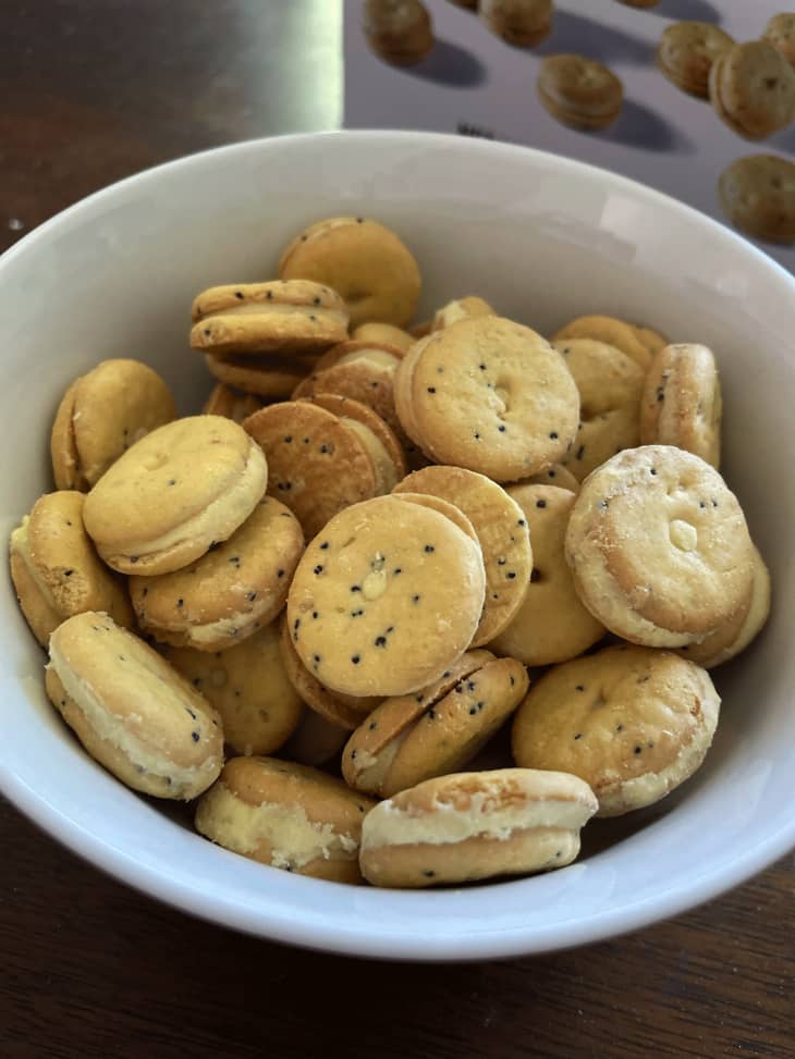Trader Joe's mini almost everything bagel sandwich crackers in bowl.