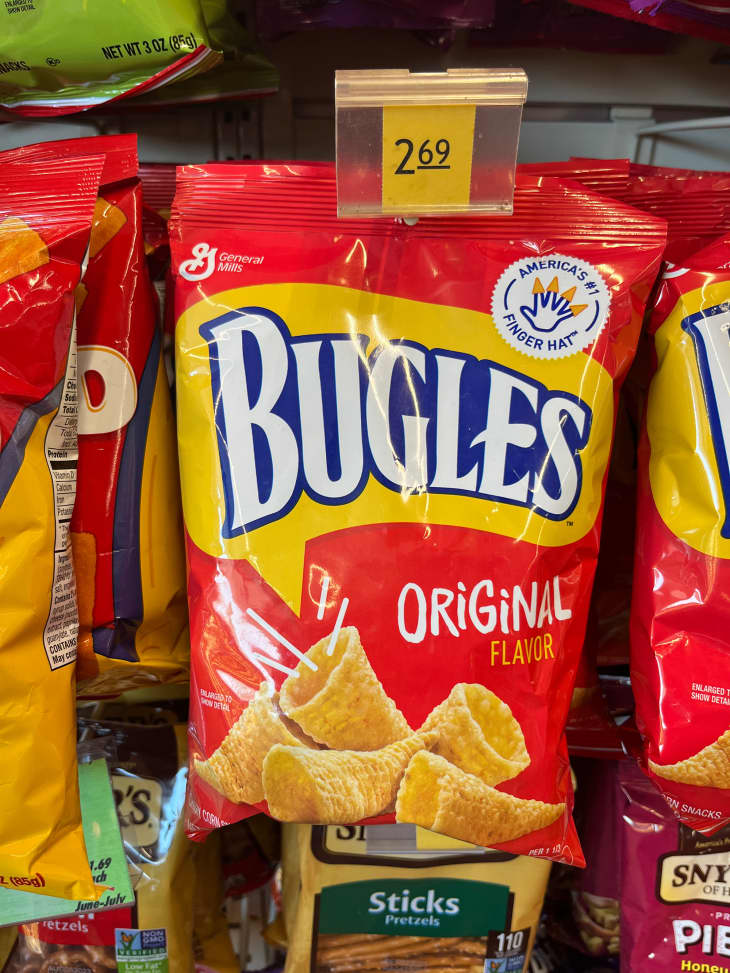 Package of Bugles in gas station snack aisle.