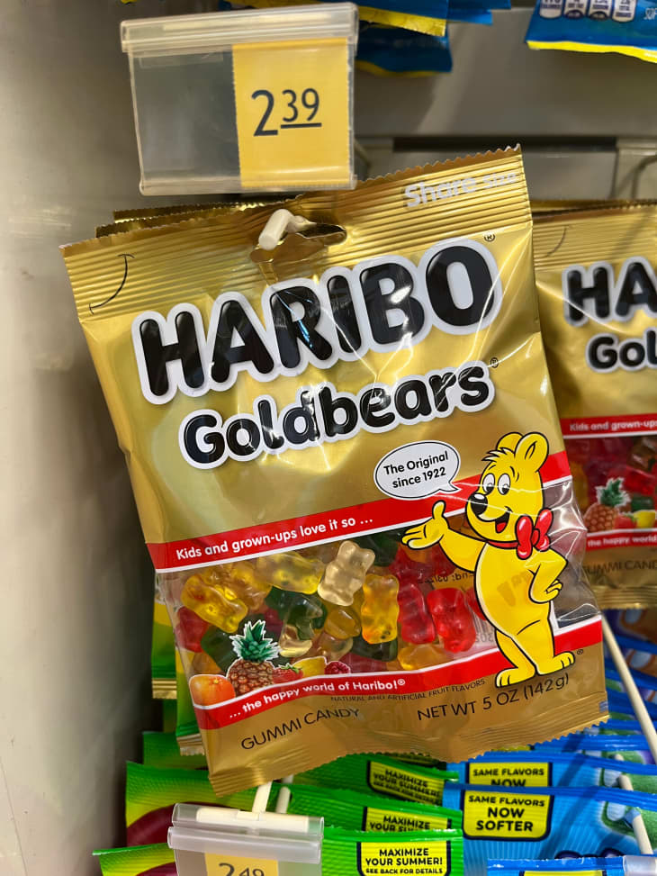 Haribo goldbears gummies in package in gas station candy aisle.