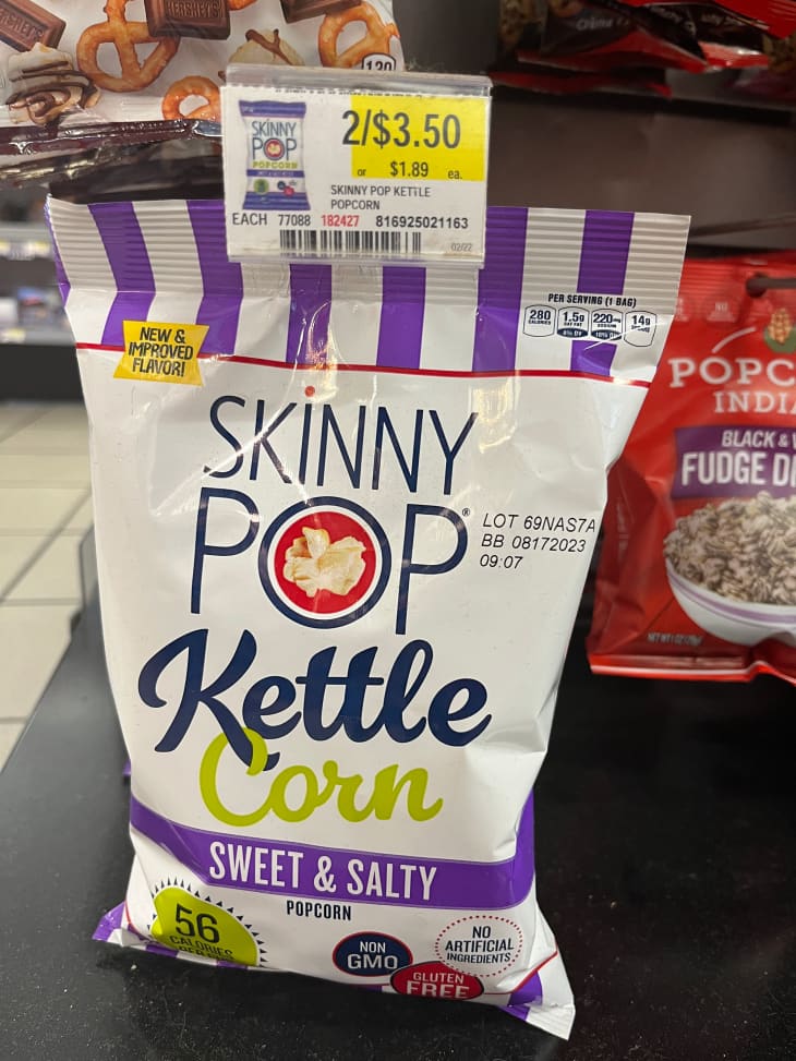 Skinny Pop kettle corn popcorn in gas station snack aisle.