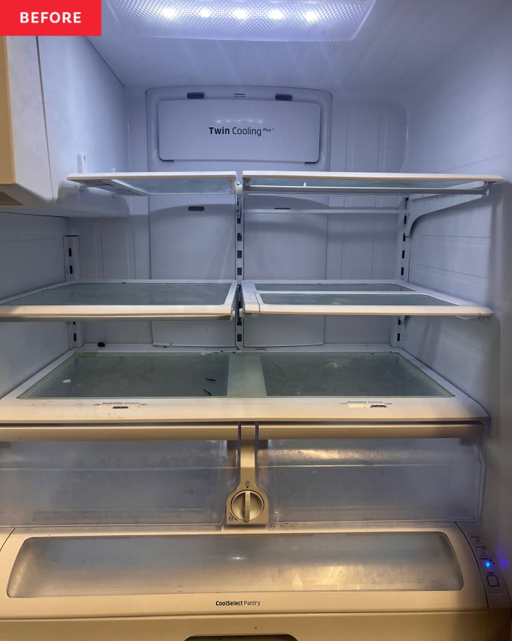 Fridge before cleaning with dishwashing tablet.