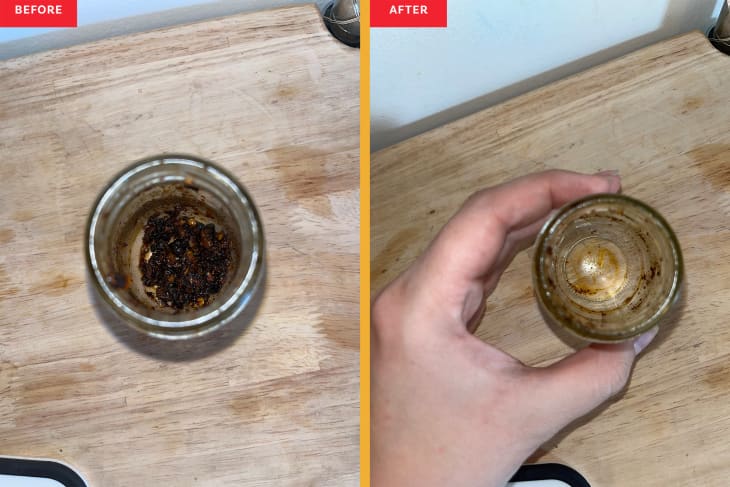 Glass with last bits of condiment on the right. On the left empty jar after using a Supoon to get last bits of condiments out.