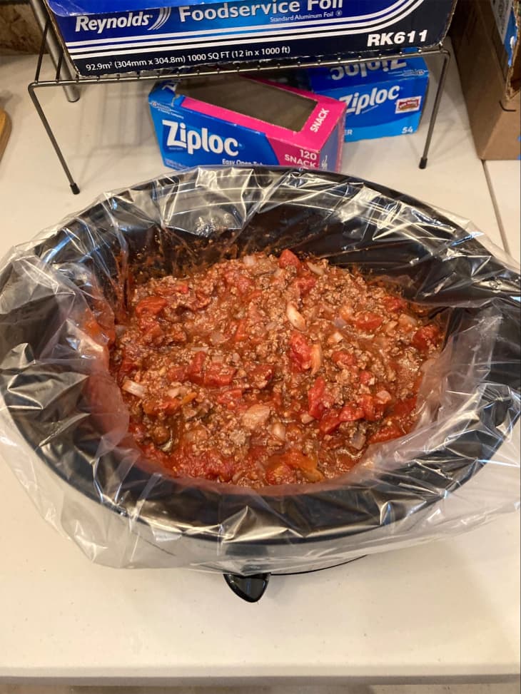 Meat sauce in slow cooker.