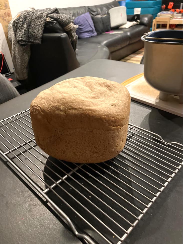 Fresh baked bread on cooling rack.
