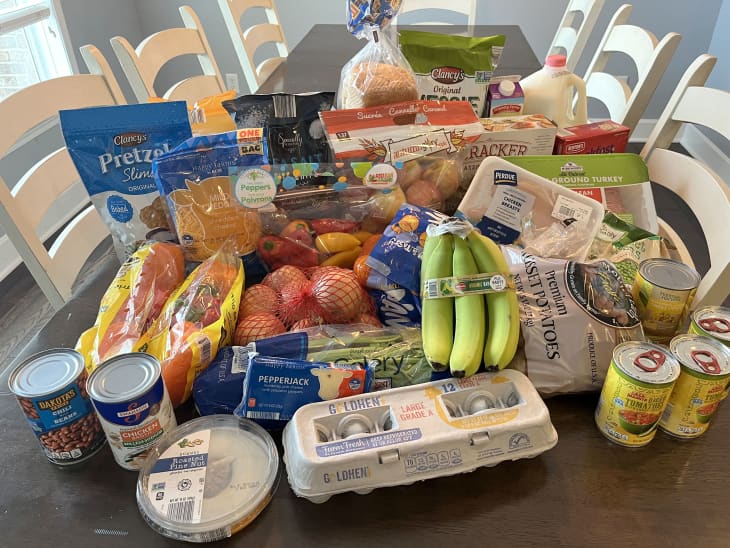 Grocery haul from ALDI on dining table