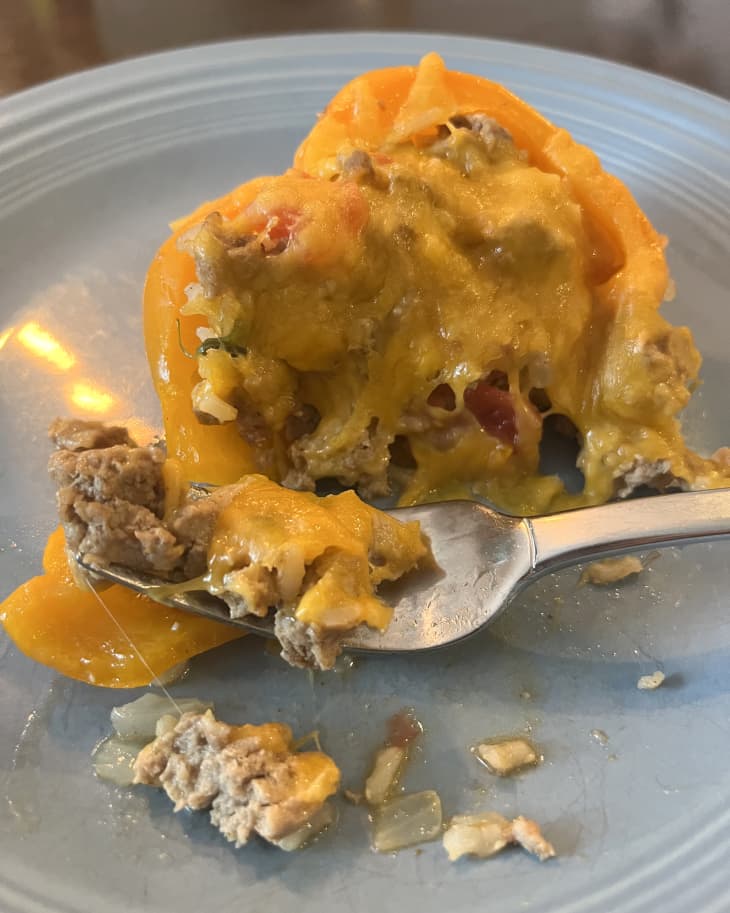 Mexican stuffed pepper casserole serving on a plate with a fork