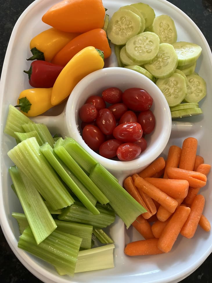 Veggie tray (sliced cucumbers, cherry tomatoes, sliced celery, small peppers, baby carrots)