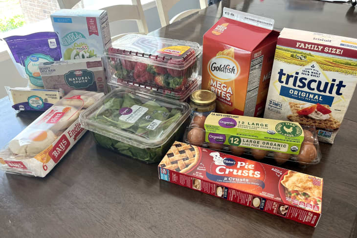 Grocery haul from Walmart on dining table