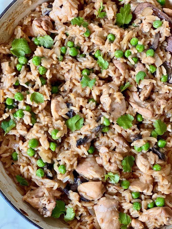 Miso ginger chicken and rice in Dutch oven.