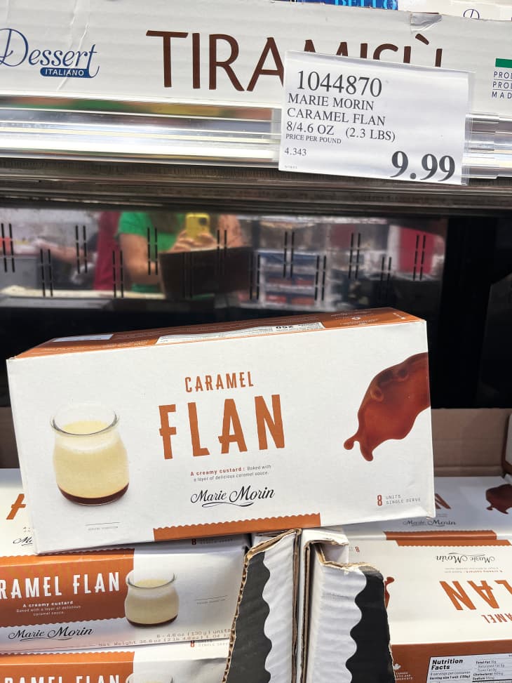 Package of caramel flan in Costco refrigerator.